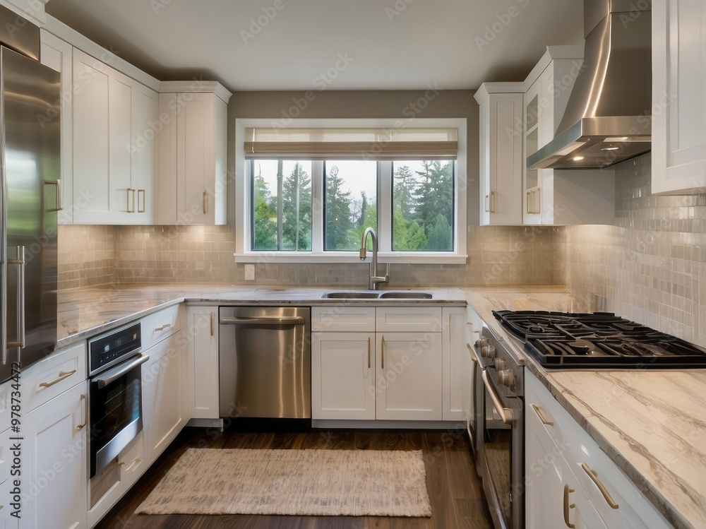 Fototapeta premium Modern Kitchen with White Cabinets and Stainless Steel Appliances