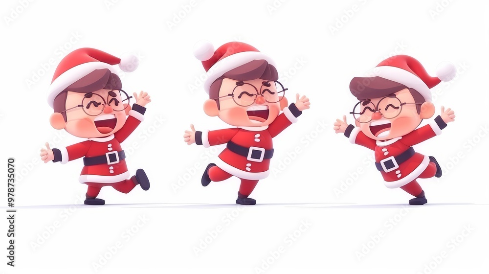 Three 3d cartoon boys in red santa claus costumes joyfully dancing on a white background Three 3d cartoon boys in red santa claus costumes joyfully dancing on a white background