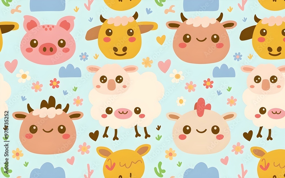 Seamless pattern of cartoon farm animals including pink pigs yellow cows white chickens and sheep on a light blue background with playful pink and yellow flowers Seamless pattern of cartoon farm animals including pink pigs yellow cows white chickens and sheep on a light blue background with playful pink and yellow flowers