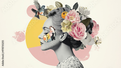Abstract, strange fashion art paper collage. The head of an elegant woman is covered with flowers, and birds are perched on her eyes. The design is simple, with a vintage-style background.