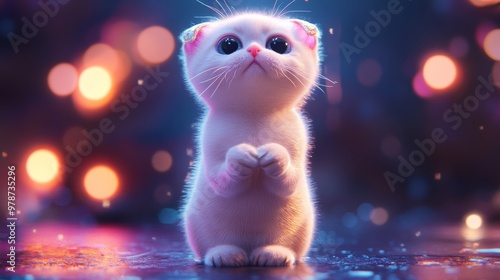 Adorable 3D image of a charming white Scottish Fold cat with pink and gold accents. The cat stands upright on its hind legs, its eyes fixed on the viewer, exuding happiness and cuteness.