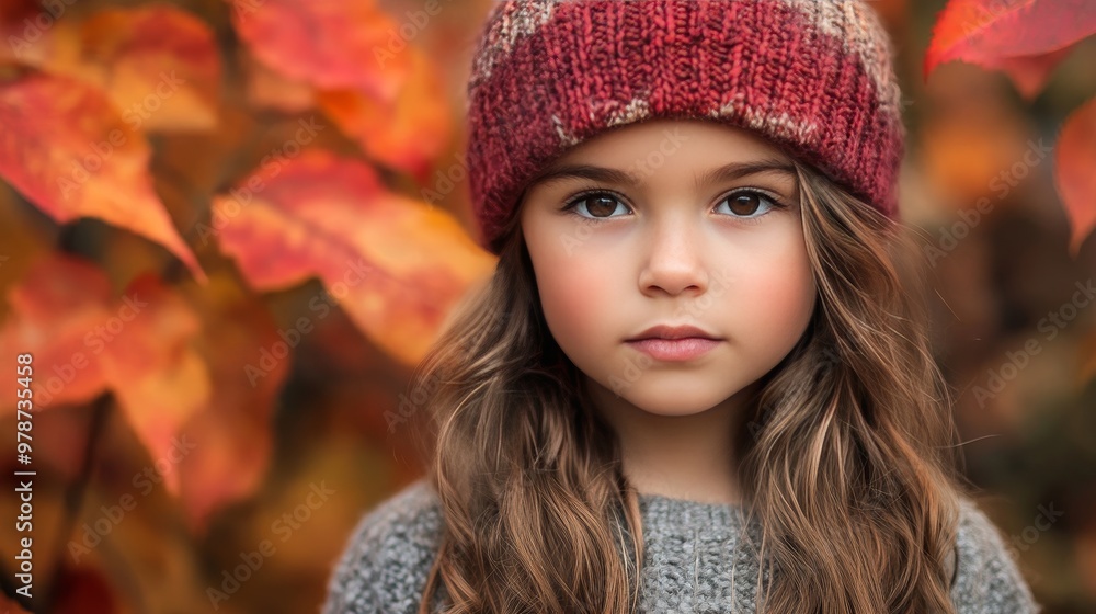 Adorable young girl adorned in trendy attire, surrounded by vibrant autumn foliage against a neutral backdrop. Adorable young girl adorned in trendy attire, surrounded by vibrant autumn foliage against a neutral backdrop.