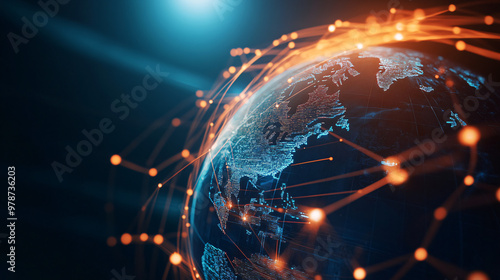 abstract blue and orange global network connection with glowing lights