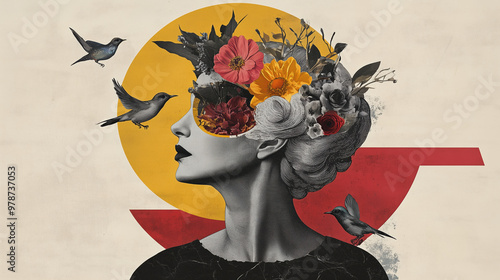 Abstract, strange fashion art paper collage. The head of an elegant woman is covered with flowers, and birds are perched on her eyes. The design is simple, with a vintage-style background.