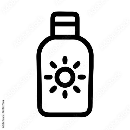 Sunscreen bottle icon illustration, protective mood, skincare design, minimalist line art style, icon on transparent background, beach holiday theme