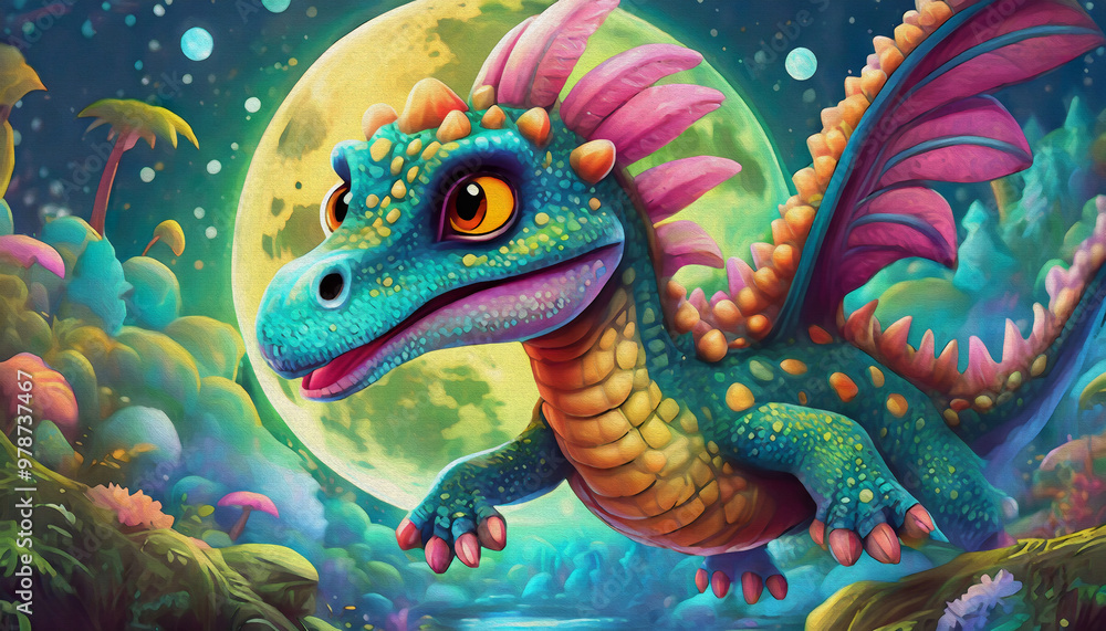 oil painting style cartoon character illustration A feathered dinosaur flying on the air aiming something below in expected eyes., full moon oil painting style cartoon character illustration A feathered dinosaur flying on the air aiming something below in expected eyes., full moon