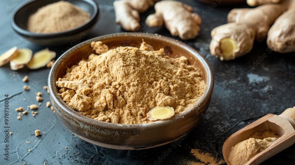 Ginger powder in a bowl on a rustic table. Ginger powder in a bowl on a rustic table.