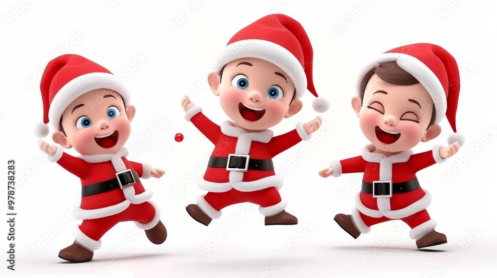 Playful trio of 3d cartoon boys in santa claus costumes dancing joyfully on a white background Playful trio of 3d cartoon boys in santa claus costumes dancing joyfully on a white background