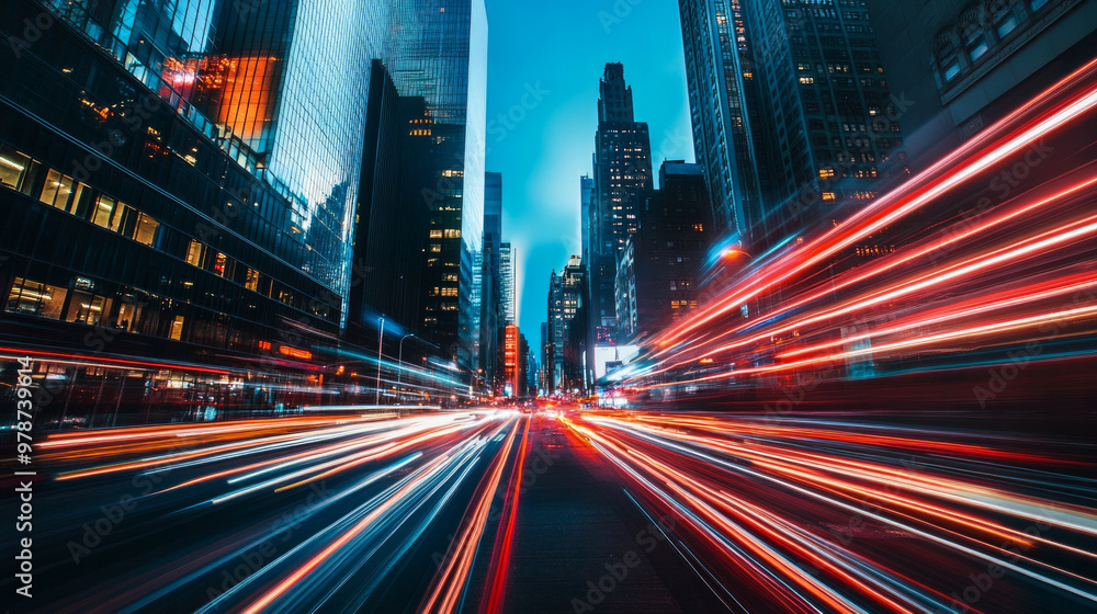 A vibrant nighttime view of city traffic with colorful light trails illuminating the urban skyline A vibrant nighttime view of city traffic with colorful light trails illuminating the urban skyline