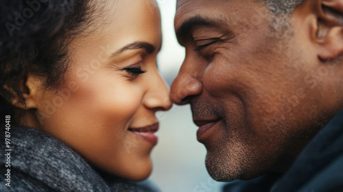 A couple sharing an intimate moment while exchanging loving glances during a quiet evening stroll in a cozy urban setting