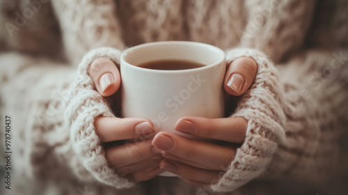 Warm hands cradling a cozy mug of tea in a softly lit indoor setting during autumn evenings