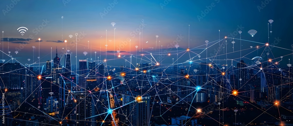 Fototapeta premium Urban Connectivity Network Wireless Technology Cityscape Evening | AI Generated
