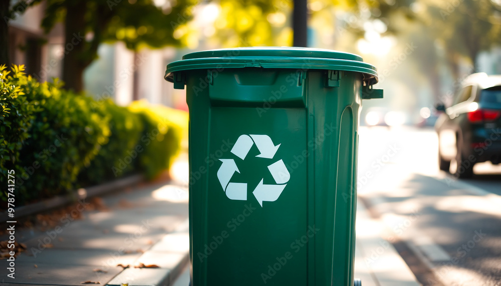 Recycle bin outdoors in focus, waste management and sustainability, urban eco-campaigns and awareness Recycle bin outdoors in focus, waste management and sustainability, urban eco-campaigns and awareness