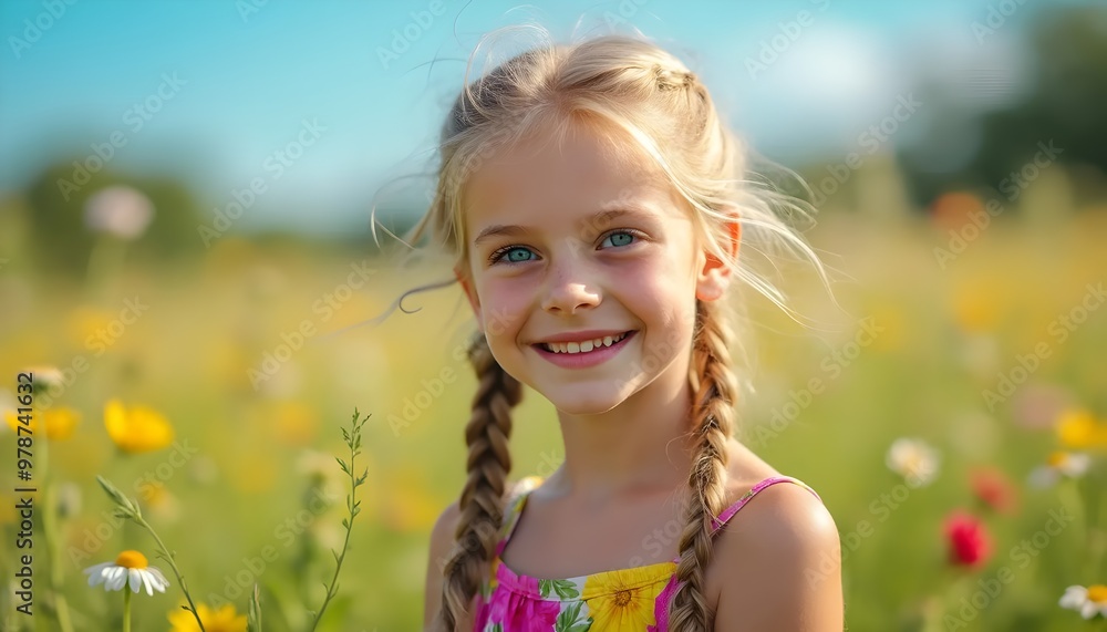 Joyful young girl with braids smiling in a sunny meadow Joyful young girl with braids smiling in a sunny meadow