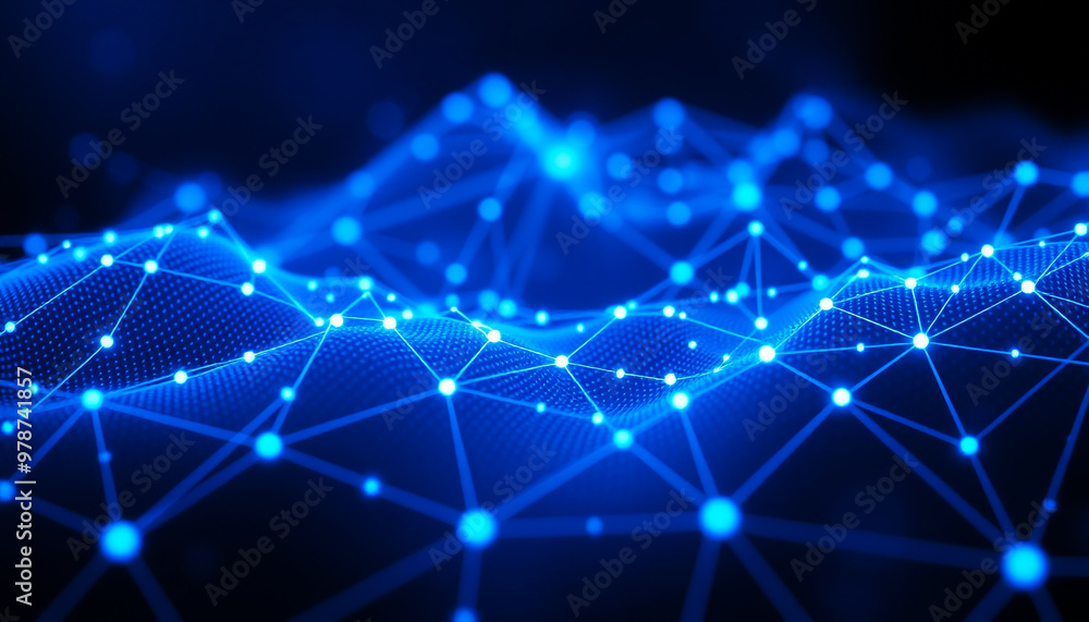 Obraz premium Digital network connection with blue nodes, represents technological advancement, digital networks, and connectivity