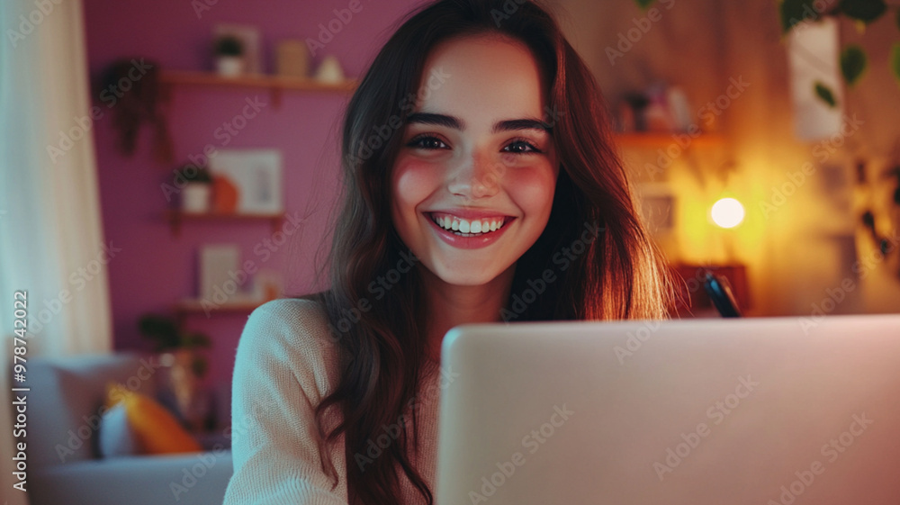 Happy girl sitting in front of a laptop, joyful expression, soft natural lighting, cozy workspace, serene ambiance, vibrant colors, candid shot Happy girl sitting in front of a laptop, joyful expression, soft natural lighting, cozy workspace, serene ambiance, vibrant colors, candid shot