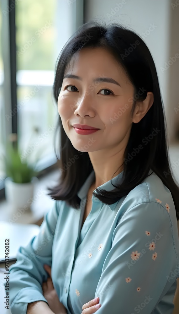 Tranquil middle-aged woman smiling in bright office setting Tranquil middle-aged woman smiling in bright office setting