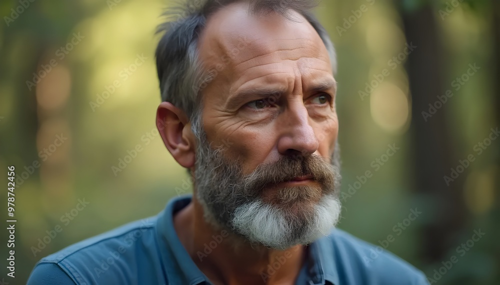Contemplative middle-aged man in forest setting Contemplative middle-aged man in forest setting