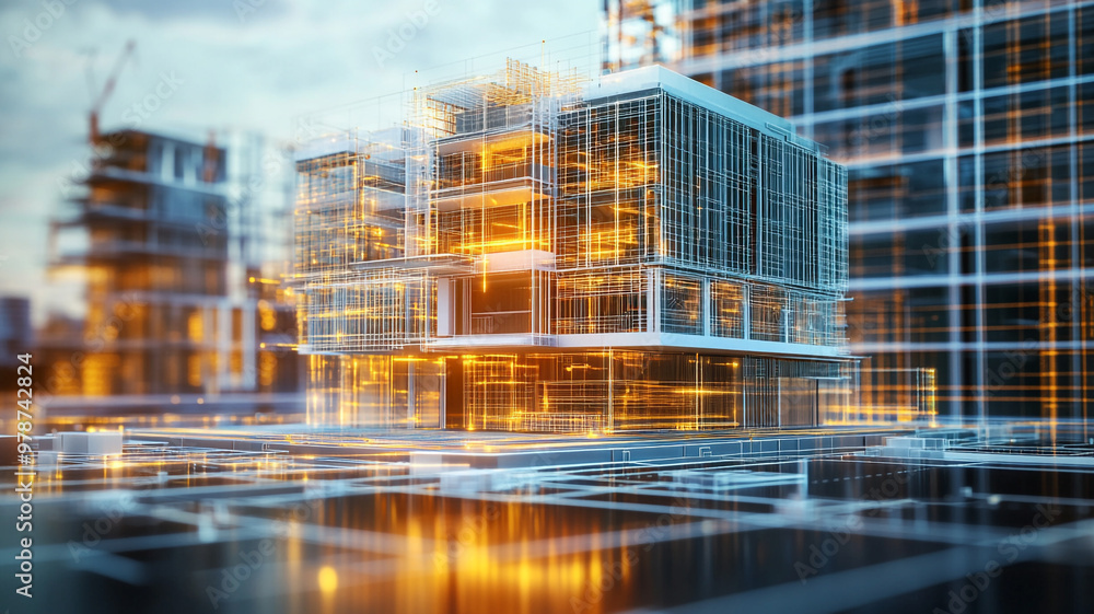 Modern architectural design featuring a futuristic building under construction in an urban setting Modern architectural design featuring a futuristic building under construction in an urban setting