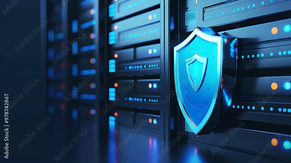 Illustration of a digital shield symbolizing cybersecurity with server racks background, representing data protection and security. Illustration of a digital shield symbolizing cybersecurity with server racks background, representing data protection and security.