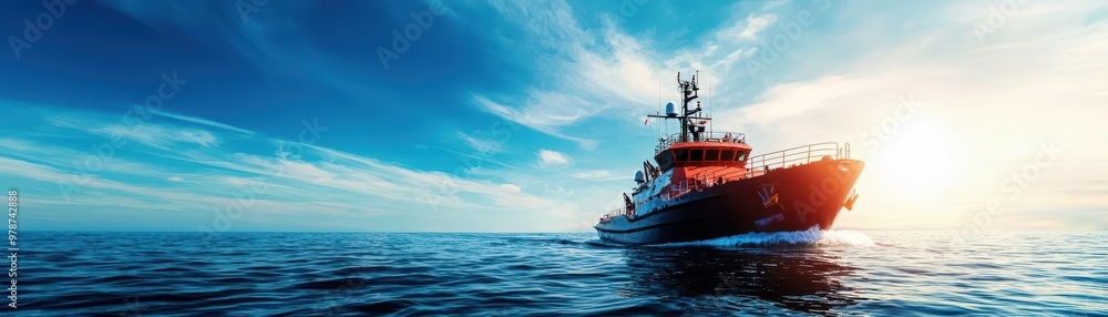 A vibrant tugboat navigates the serene ocean waters under a colorful sunset, showcasing maritime strength and tranquility. A vibrant tugboat navigates the serene ocean waters under a colorful sunset, showcasing maritime strength and tranquility.