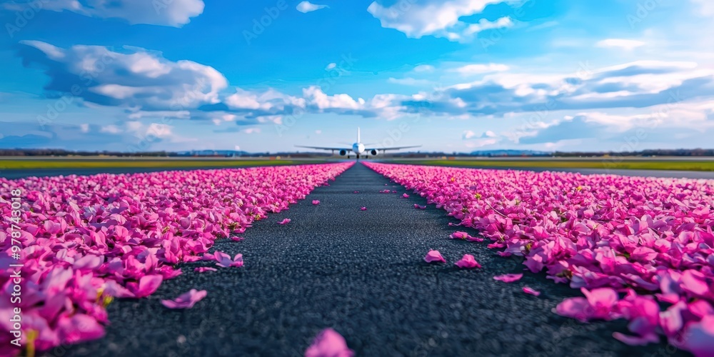 Fototapeta premium A vibrant view of a runway adorned with pink flower petals under a bright blue sky, creating a picturesque travel scene.