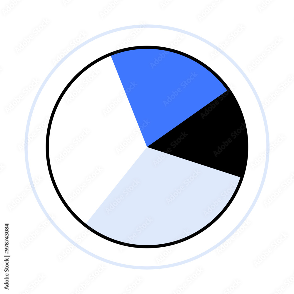 A circular chart divided into four segments, each filled with different colors black, blue, light blue, and white, surrounded by a thin black border and an outer thin blue circle. Ideal for statistic