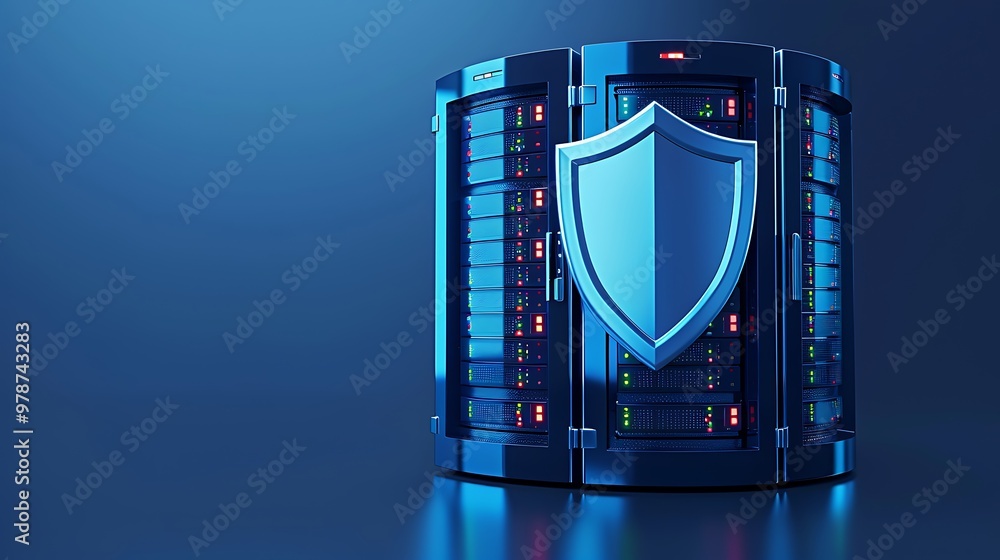 Modern data center with a shield symbol, representing network security and data protection in a futuristic environment. Modern data center with a shield symbol, representing network security and data protection in a futuristic environment.