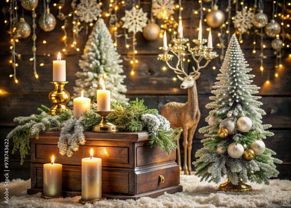 A Christmas tree, a golden deer and candles in candlesticks on a vintage chest of drawers. Christmas gold and crystal decorations in the interior. Preparation for the New Year holidays 2025. A Christmas tree, a golden deer and candles in candlesticks on a vintage chest of drawers. Christmas gold and crystal decorations in the interior. Preparation for the New Year holidays 2025.