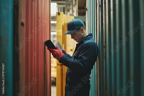 U.S. Customs officers inspecting shipping containers at a busy cargo port, ensuring compliance with international trade regulations and security standards photo