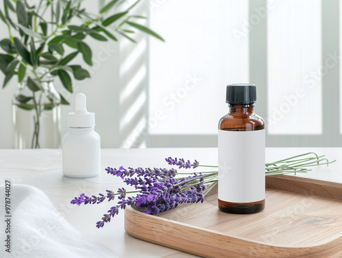 Photo of an essential oil roller on the tray, placed alongside a small piece of cloth and dried flowers