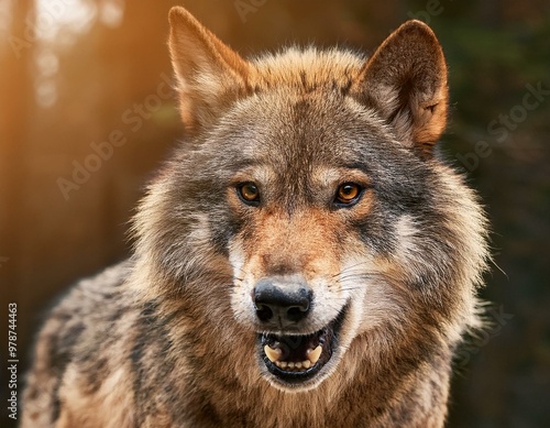 front view of ferocious looking Wolf animal looking at the camera with mouth open