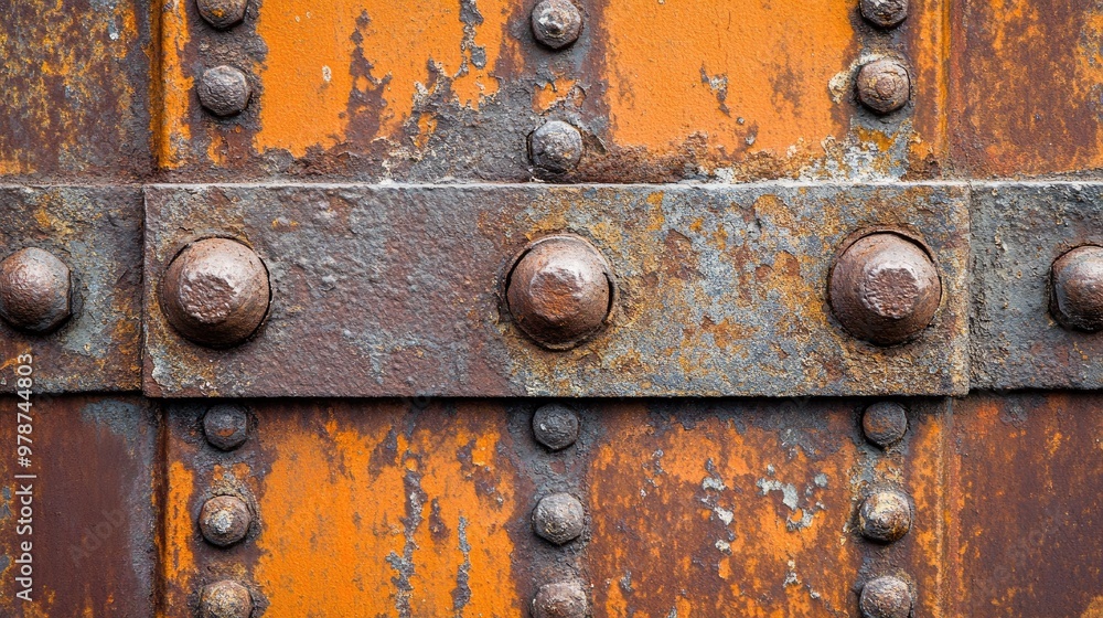 Rusty Metal Surface with Rivets and Orange Paint Rusty Metal Surface with Rivets and Orange Paint