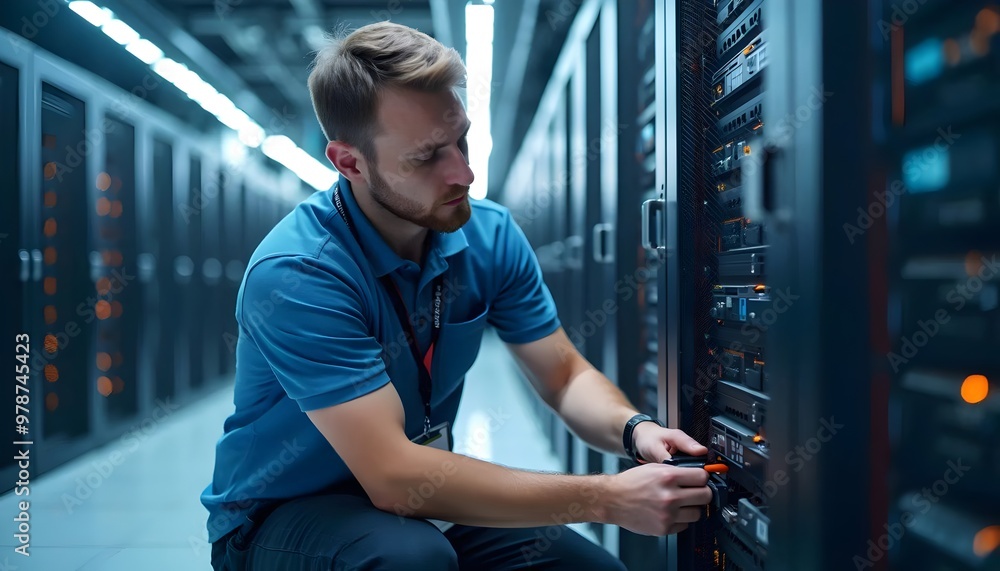 IT technician installing server racks in modern data center