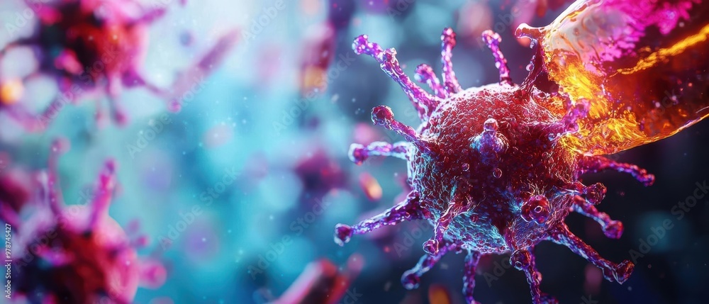 Close-up of a virus with vibrant colors, showcasing intricate details and textures under a microscope for scientific illustration. Close-up of a virus with vibrant colors, showcasing intricate details and textures under a microscope for scientific illustration.