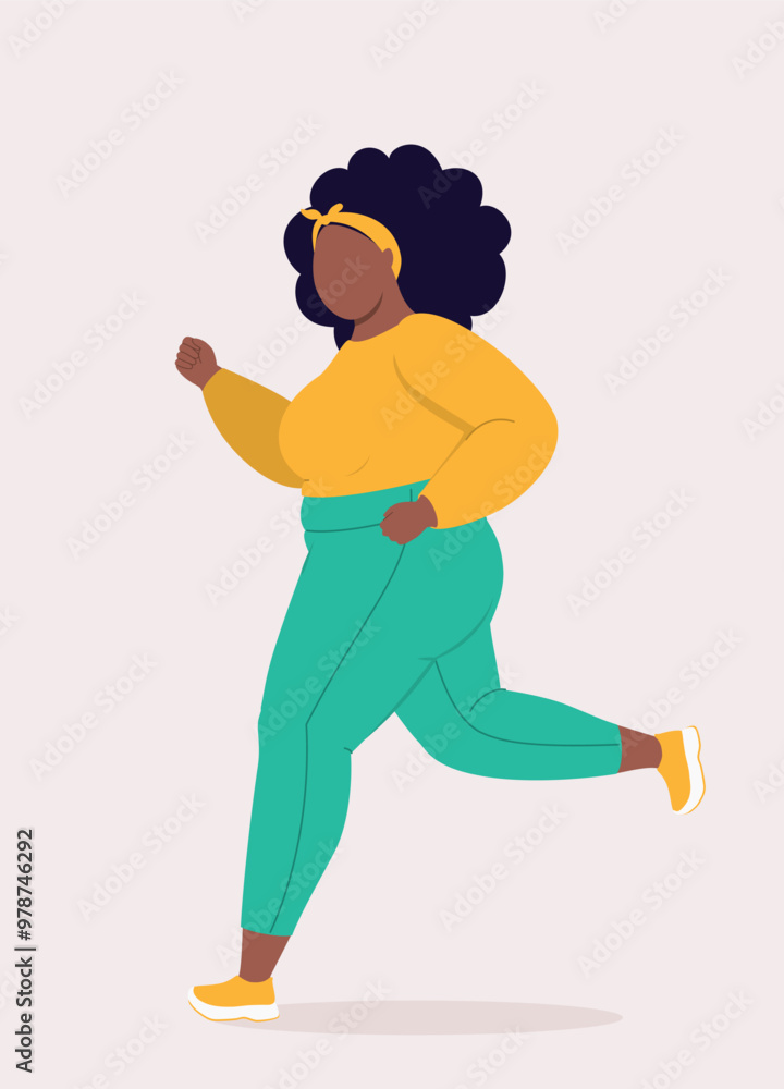 Fototapeta premium Side View Of One Overweight Black Woman In Sports Clothing Running.