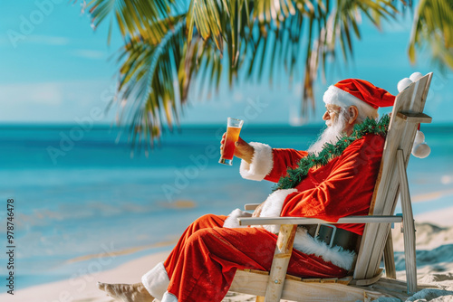 Santa Claus sunbathing on the beach with a cocktail in a beach chair. Exotic winter holidays in New Year and Christmas Xmas concept