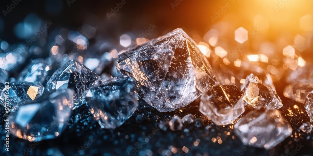 Close-up of sparkling ice cubes reflecting light, creating a beautiful visual display on a dark background. Close-up of sparkling ice cubes reflecting light, creating a beautiful visual display on a dark background.