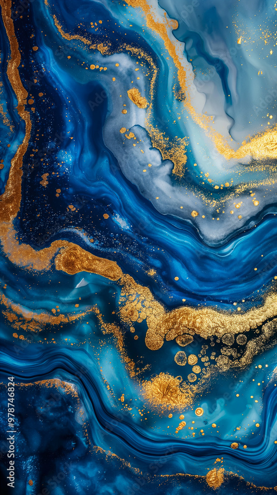 Fototapeta premium Abstract Blue and Gold Swirls Painting. Generative AI