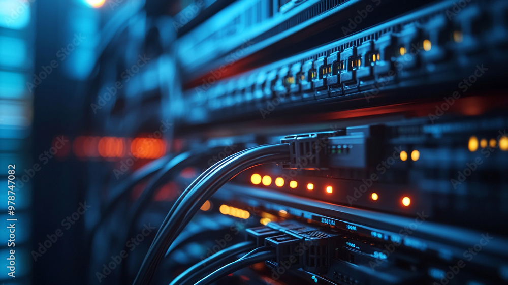 Data center networking equipment with cables illuminated at night Data center networking equipment with cables illuminated at night