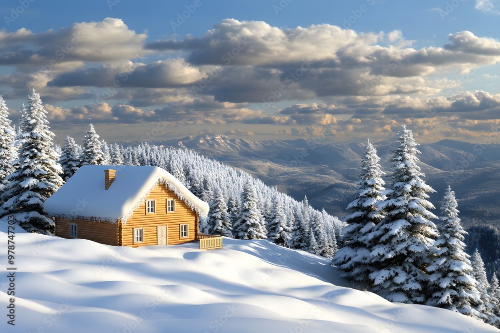 A serene winter landscape featuring snow-covered trees and a cozy cabin glowing warmly in the distance. Christmas trees are beautifully decorated, enhancing the festive and homey atmosphere of this pe A serene winter landscape featuring snow-covered trees and a cozy cabin glowing warmly in the distance. Christmas trees are beautifully decorated, enhancing the festive and homey atmosphere of this pe