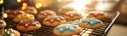 Freshly baked cookies on a cooling rack, decorated with colorful icing and sprinkles, perfect for celebrations and festive gatherings.