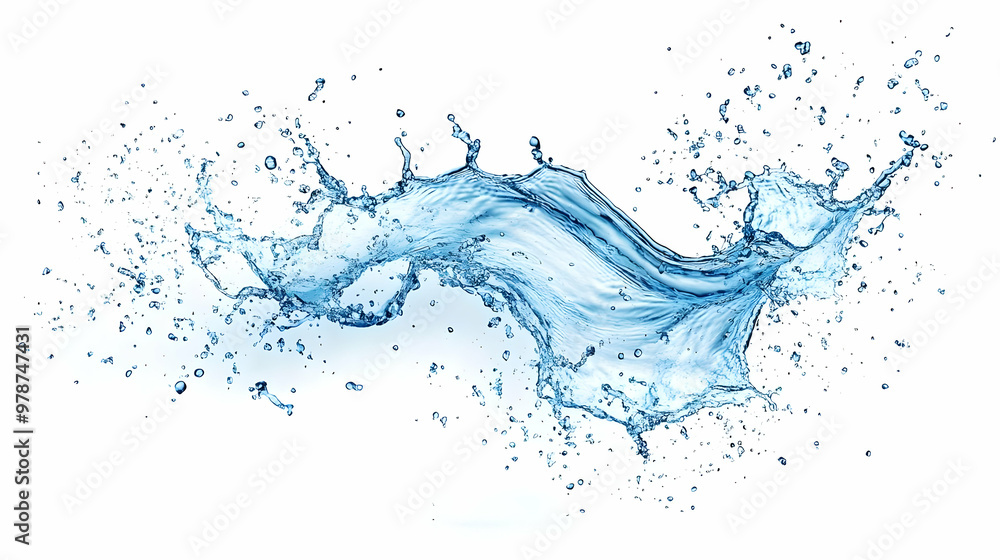 A Splash of Blue Water in Motion on a White Background, Capturing the Essence of Freshness and Movement A Splash of Blue Water in Motion on a White Background, Capturing the Essence of Freshness and Movement