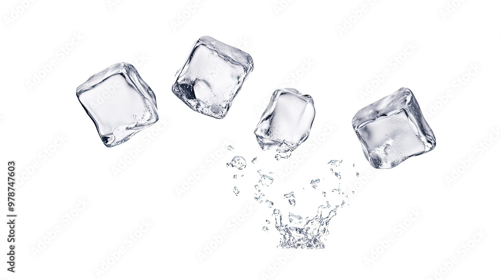 Clear ice cubes on a white background with reflections and a cool, fresh appearance Clear ice cubes on a white background with reflections and a cool, fresh appearance
