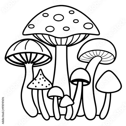 different kinds of mushrooms outline coloring book page line art drawing