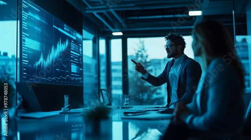 A tech-savvy startup founder presents their business pitch using advanced presentation software and hologram technology, showcasing futuristic tools for engaging investors and driving innovation.
