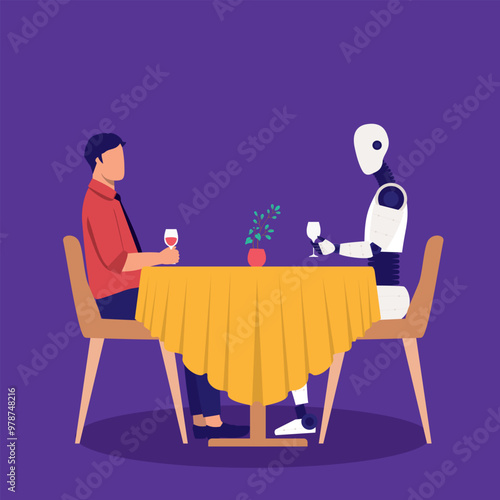 Young Man With Red Wine Sitting At Dinner Table Dining With An AI Robot.