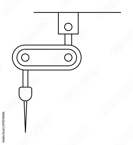 Mechanical device with a rotational arm and drilling bit. Ideal for technical manuals, engineering studies, machining processes, manufacturing guides, educational resources. Line drawing style.