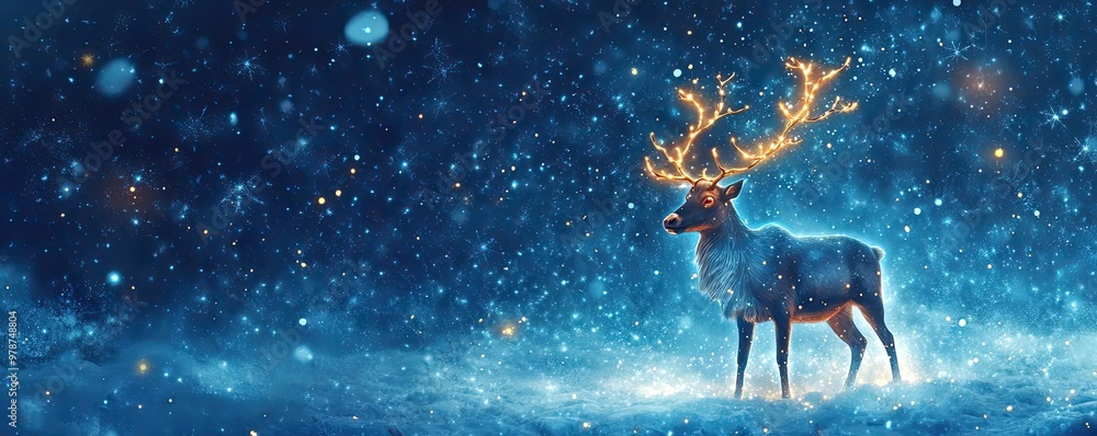 A majestic reindeer stands in a snowy landscape, illuminated by ethereal lights under a starry night sky. A majestic reindeer stands in a snowy landscape, illuminated by ethereal lights under a starry night sky.