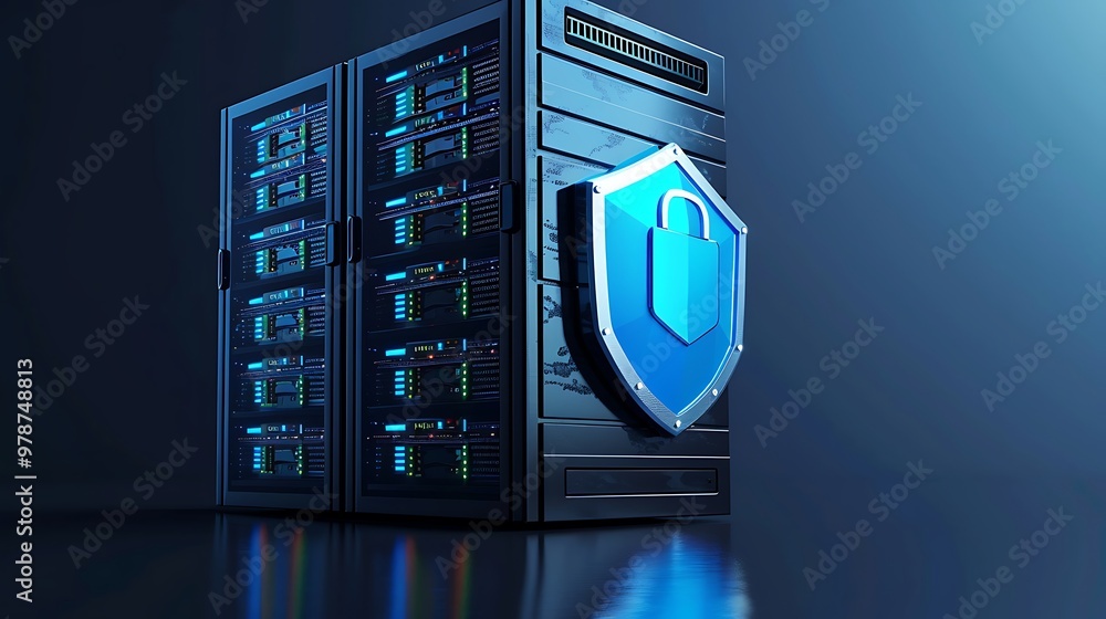 Modern server with a security shield, representing data protection and cybersecurity in a high-tech environment. Modern server with a security shield, representing data protection and cybersecurity in a high-tech environment.